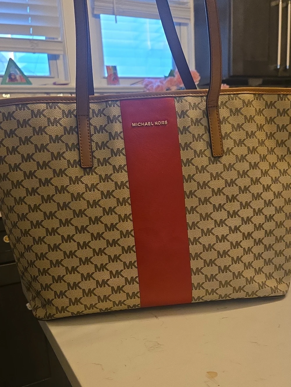 Michael Kors Tan Monogram Tote with Red Center Stripe